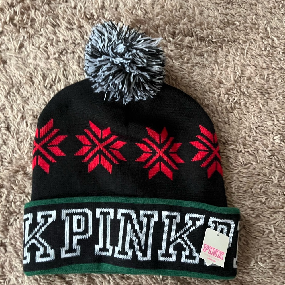 PINK Victoria's Secret  Black and Red Winter Beanie